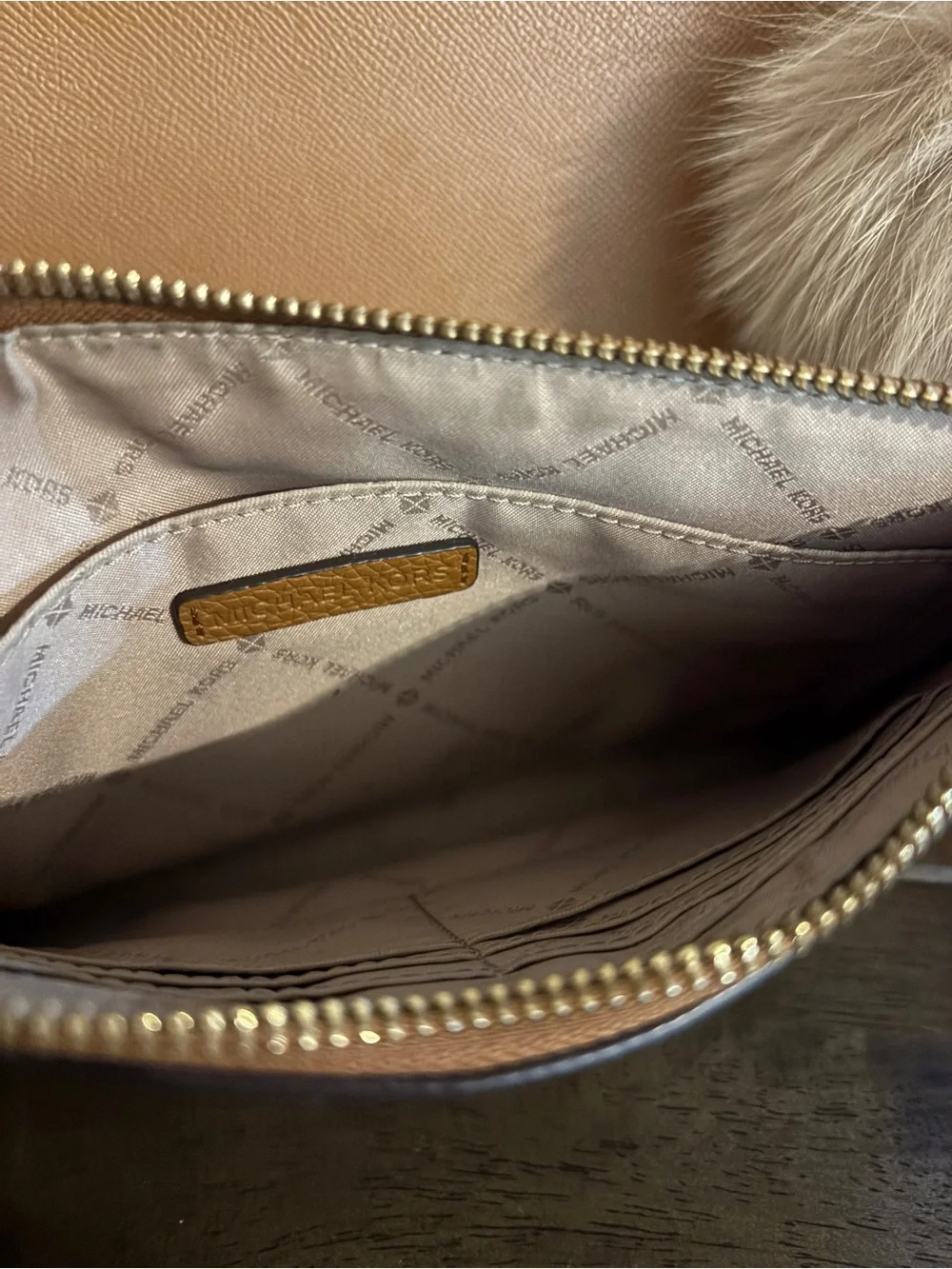 Michael Kors Cognac Saffiano Leather Tote with Logo Zip Pouch and Fur Pom - Picture 9 of 15